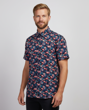 Carnt Hector Herre Skjorte Navy Blazer Aop Flamingo