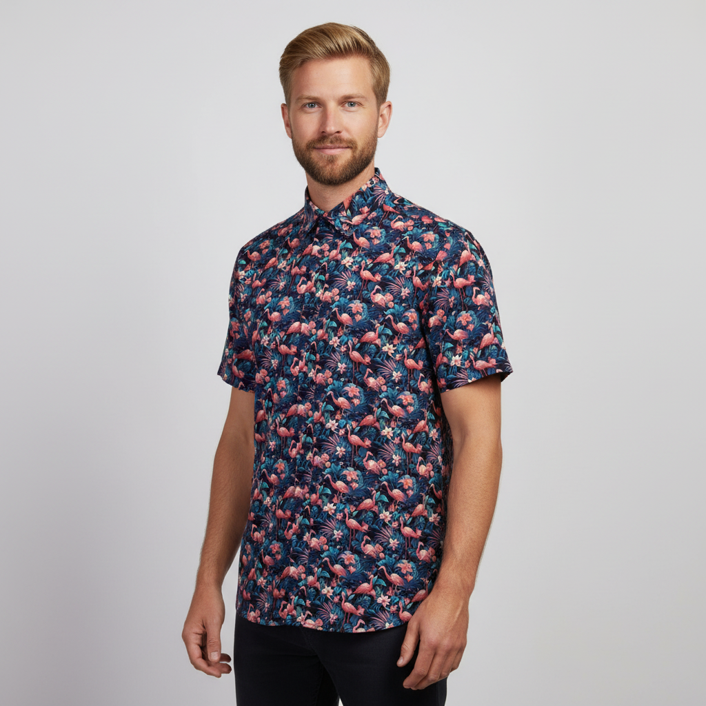 Carnt Hector Herre Skjorte Navy Blazer Aop Flamingo